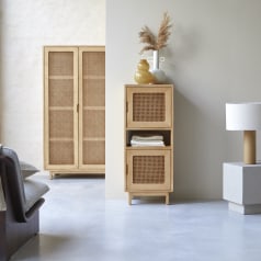 Luis - Libreria bassa in legno di olmo massello e rattan