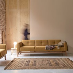 Bjorn - 3-Sitzer-Sofa mit massivem Eichenholzgestell und senffarbenem Stoffbezug