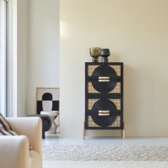 Sina - Cassettiera in legno di mango massello nero e rattan