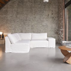 Nils - Canapé d’angle modulable en lin blanc, 3 places
