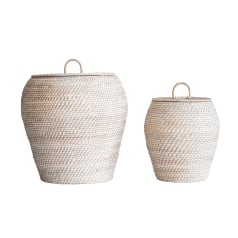 Joel - Decorative Hand-Woven Rattan Storage Baskets with Lids, Whitewashed, Set of 2