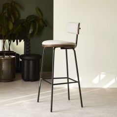 Soline - Silla de bar de roble oscuro macizo, tela gris y metal