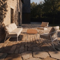 Luca - Set di mobili da giardino in tessuto écru e metallo bianco, 5 posti