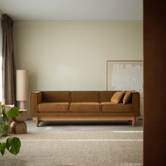 Miu - Canapé en chêne massif et tissu ocre, 3 places