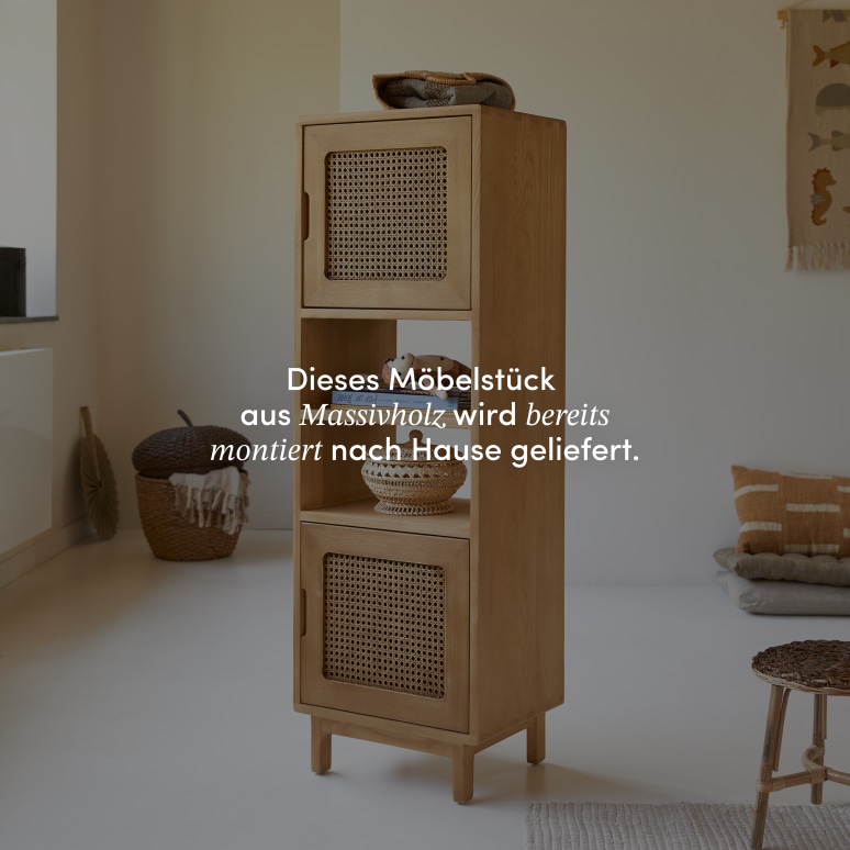 Luis - Hoher Kinder-Bücherschrank aus Ulme und Rattangeflecht