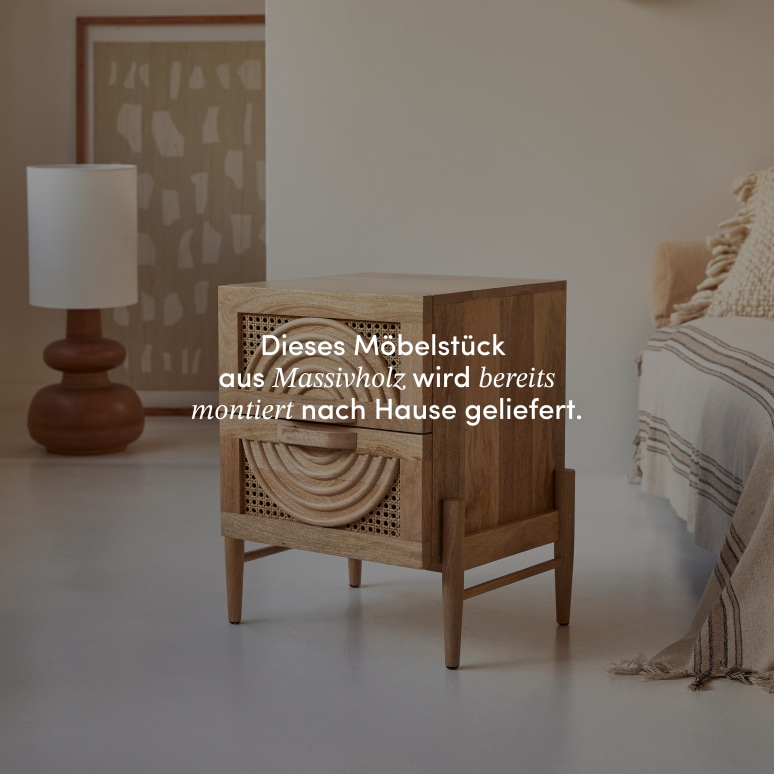 Sina - Nachttisch aus massivem Mangoholz und Rattan