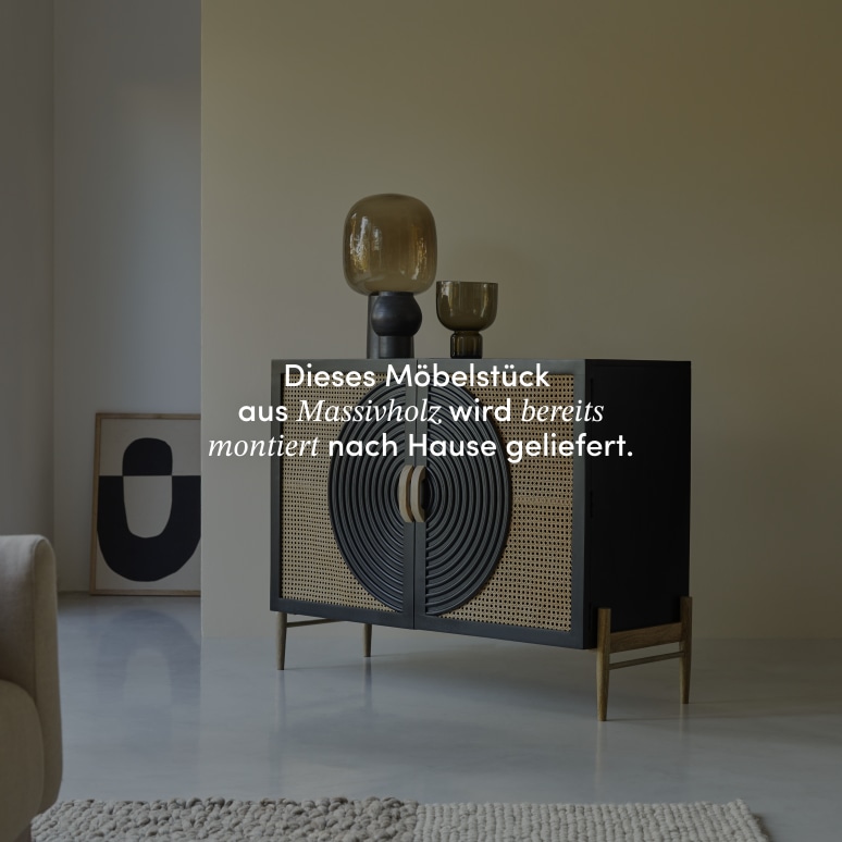 Sina - Sideboard aus massivem Mangoholz schwarz und Rattan 115 cm