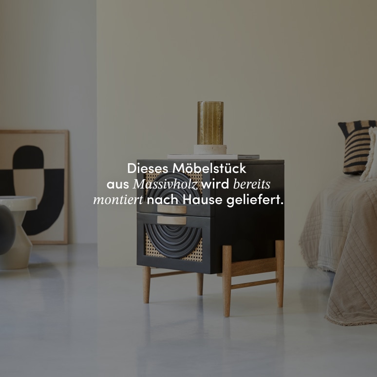 Sina - Nachttisch aus massivem Mangoholz in Schwarz und Rattan