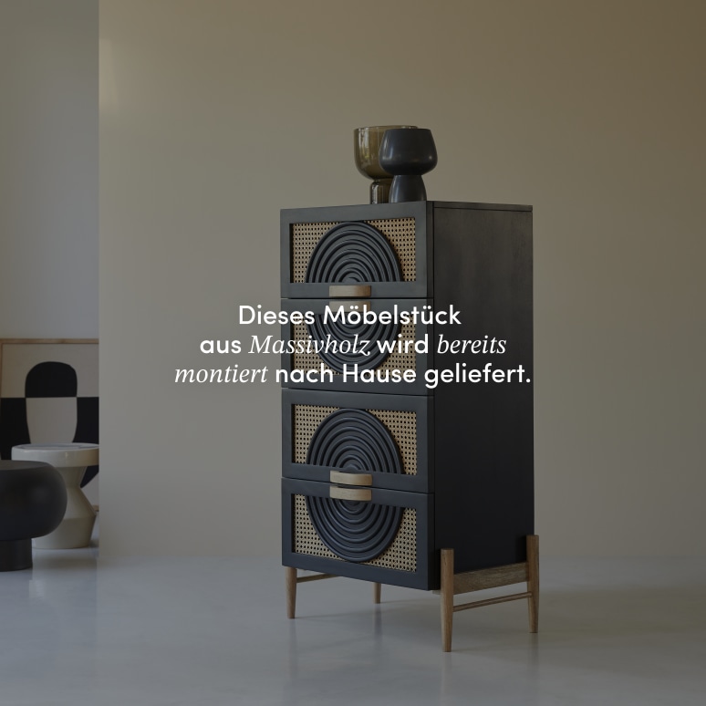 Sina - Kommode aus massivem Mangoholz in Schwarz und Rattan