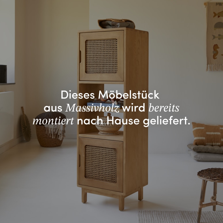 Luis - Hoher Kinder-Bücherschrank aus Ulme und Rattangeflecht