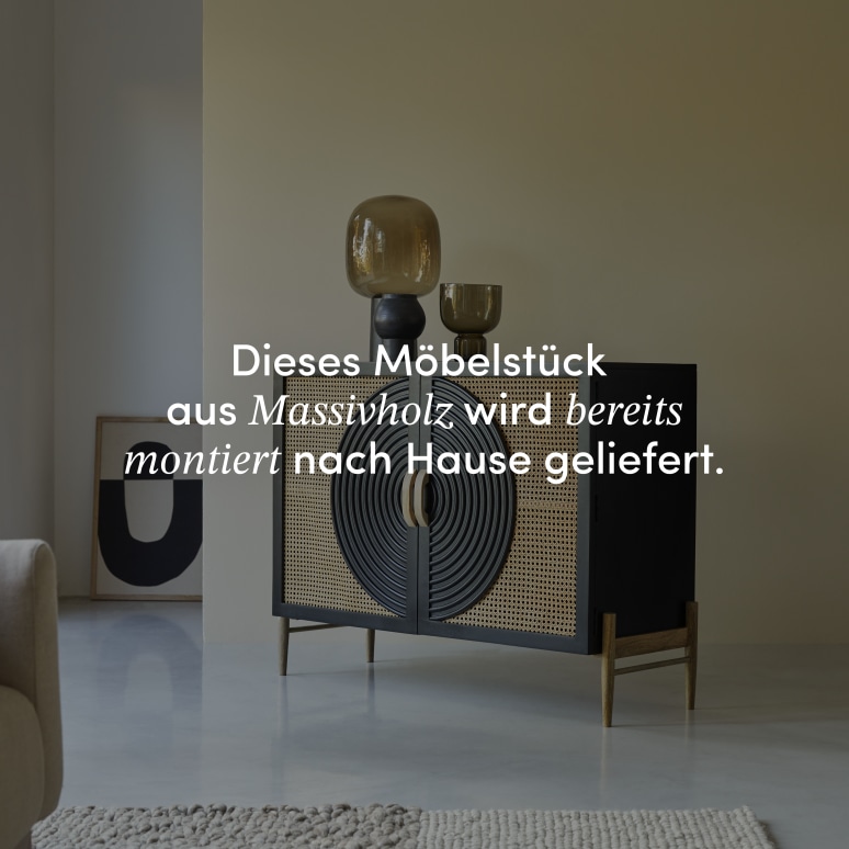 Sina - Sideboard aus massivem Mangoholz schwarz und Rattan 115 cm
