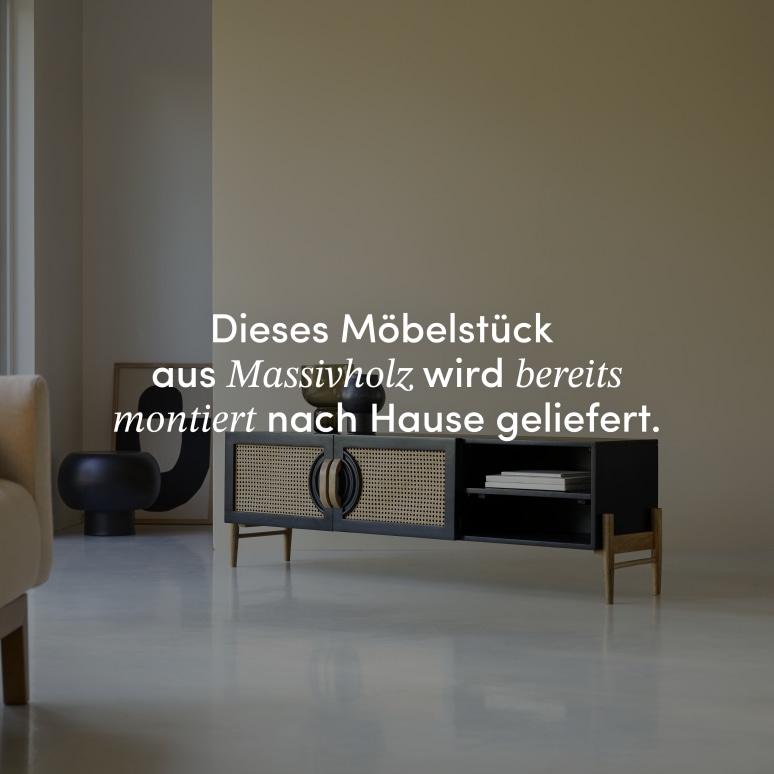 Sina - TV-Möbel aus massivem Mangoholz schwarz und Rattan 145 cm