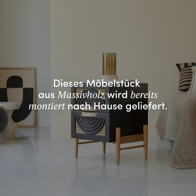 Sina - Nachttisch aus massivem Mangoholz in Schwarz und Rattan