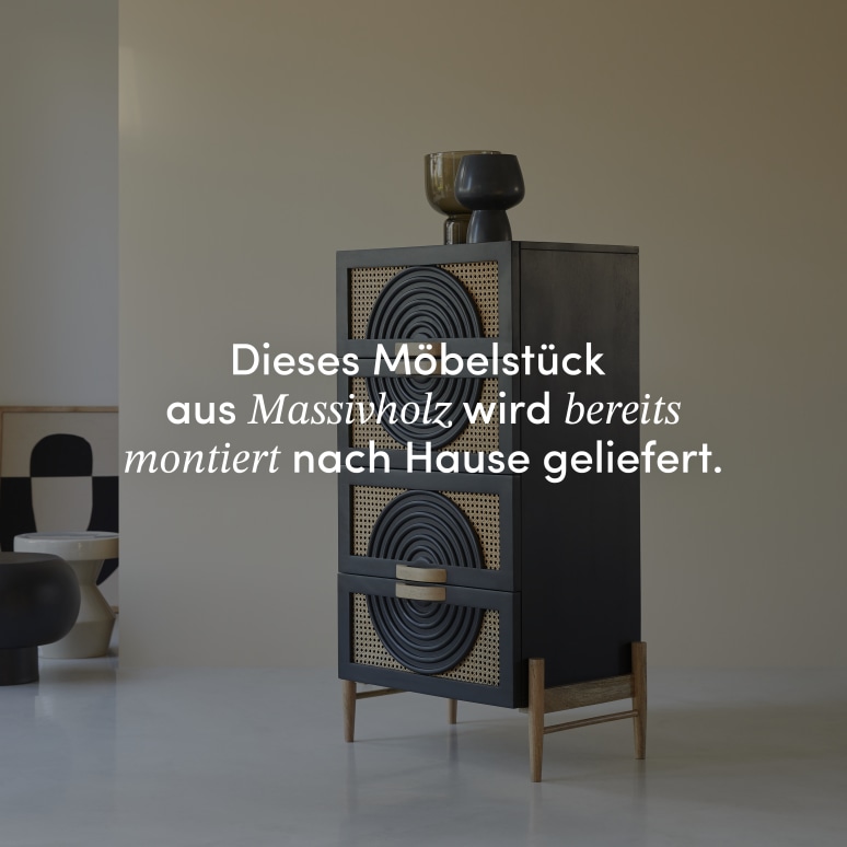 Sina - Kommode aus massivem Mangoholz in Schwarz und Rattan
