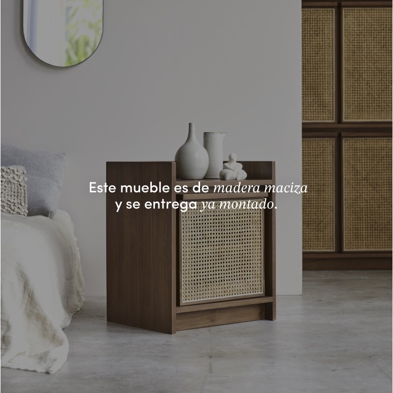 Roots - Mesita de noche de teca maciza y rejilla de ratán