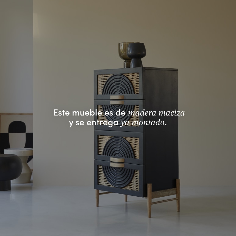 Sina - Cómoda de mango macizo negro y ratán