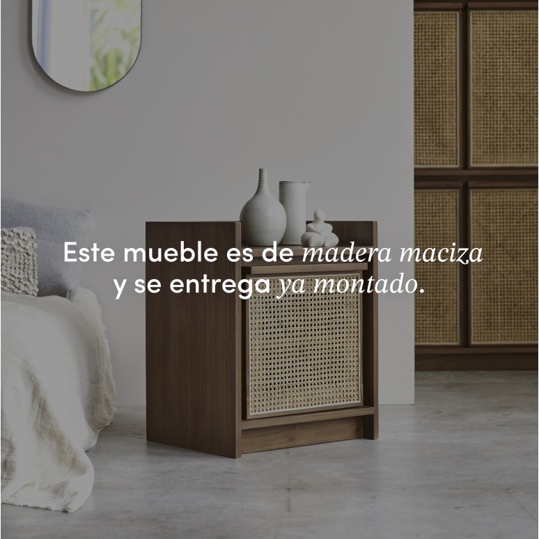 Roots - Mesita de noche de teca maciza y rejilla de ratán