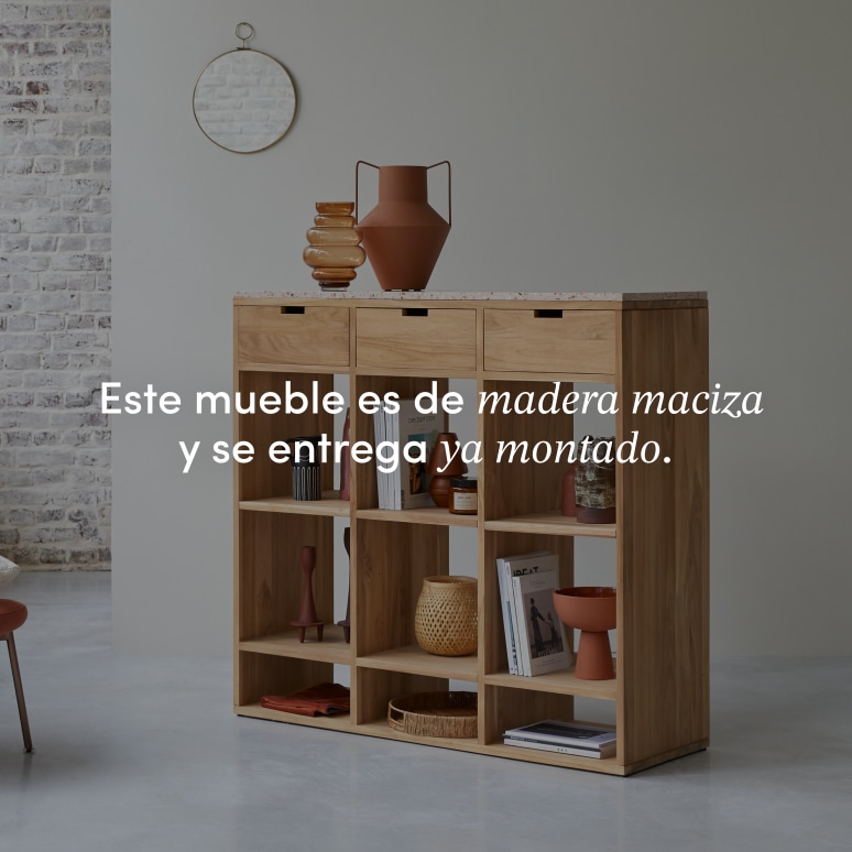 Miho - Biblioteca baja de teca maciza y terrazo prémium rosa