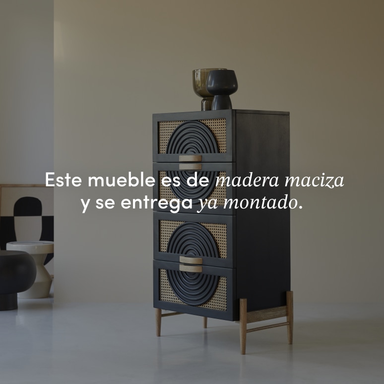 Sina - Cómoda de mango macizo negro y ratán