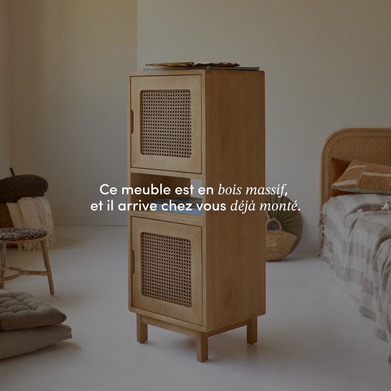 Luis - Bibliothèque basse enfant en orme massif et cannage