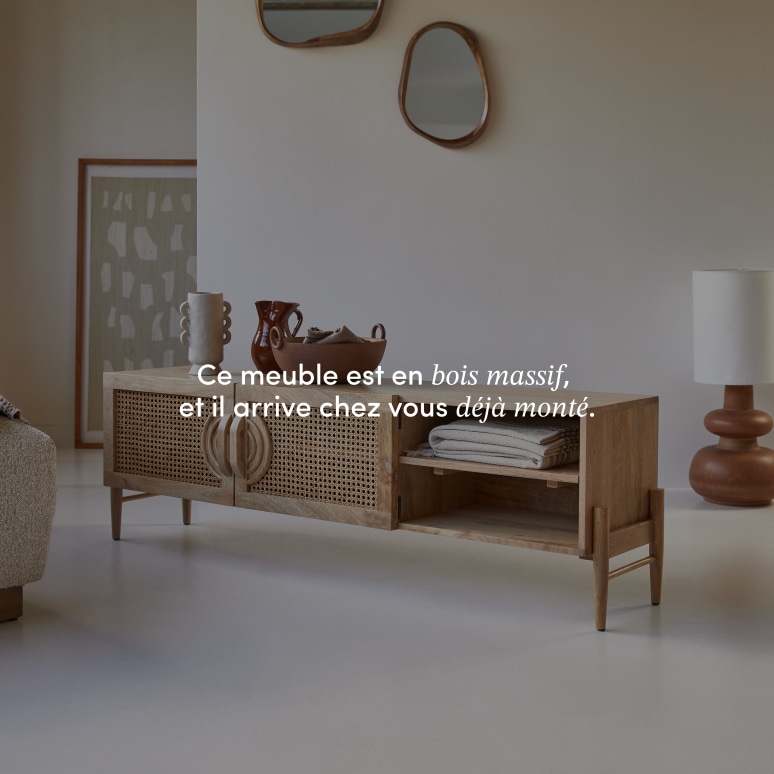 Sina - Meuble TV manguier massif et rotin 145 cm