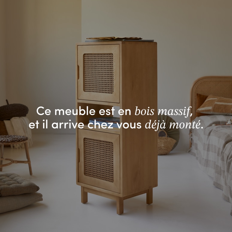 Luis - Bibliothèque basse enfant en orme massif et cannage