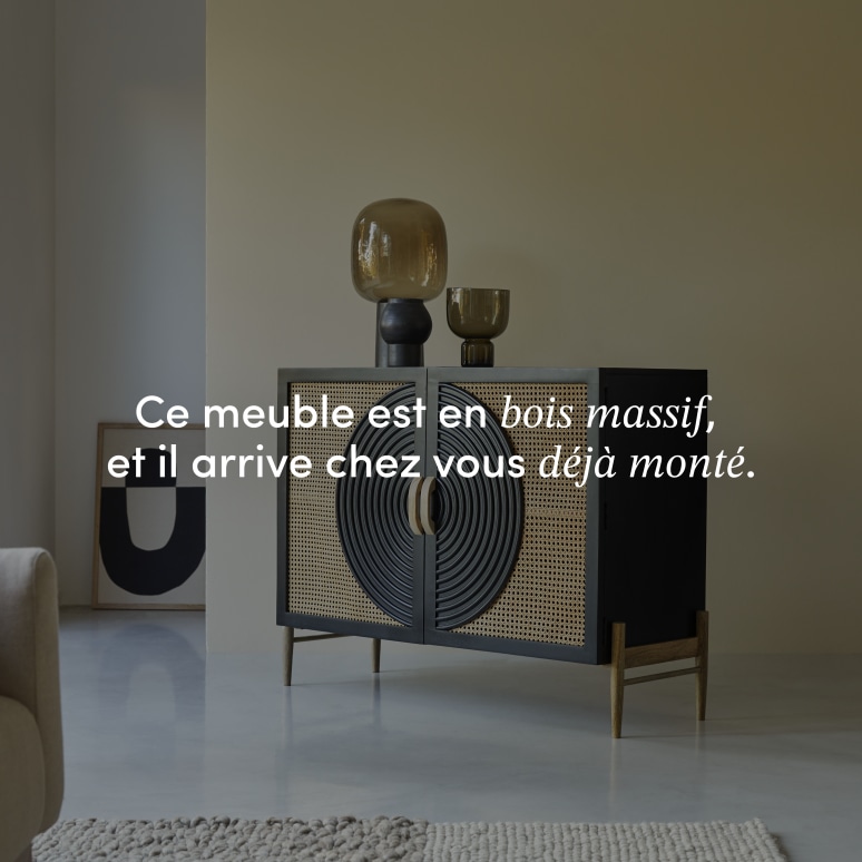 Sina - Buffet en manguier massif noir et rotin 115 cm