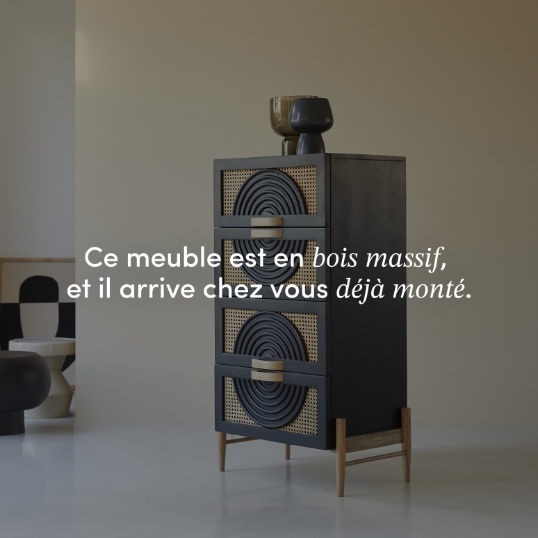 Sina - Commode en manguier massif noir et rotin