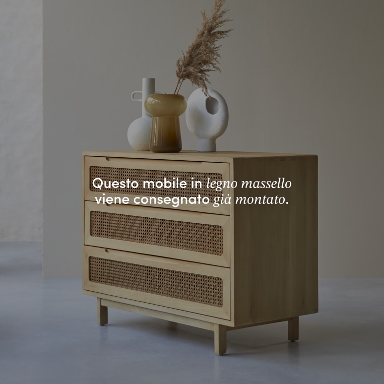 Luis - Cassettiera in legno di olmo massello e rattan