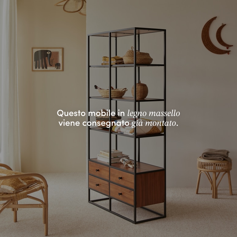 Agra - Libreria per bambini in legno di acacia massello e metallo