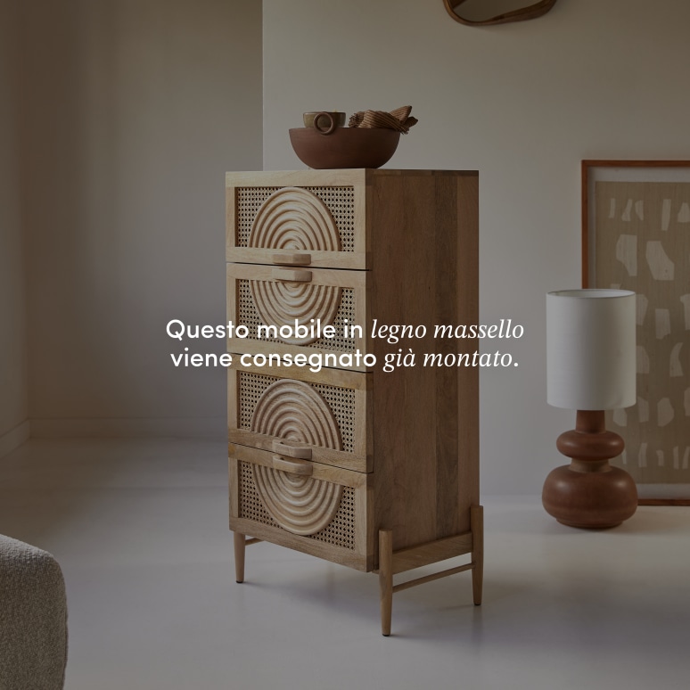 Sina - Cassettiera da ingresso in legno di mango massello e rattan