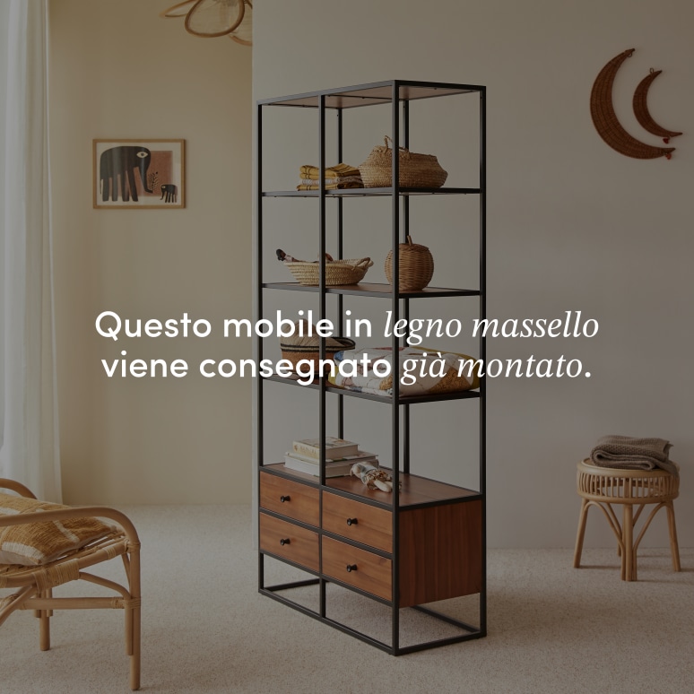 Agra - Libreria per bambini in legno di acacia massello e metallo