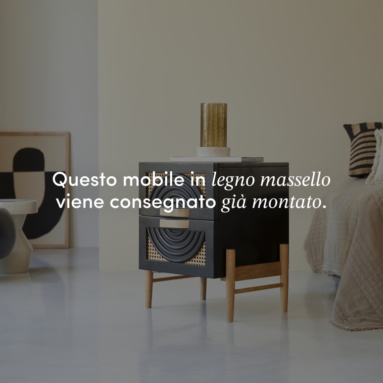 Sina - Comodino in legno di mango massello nero e rattan