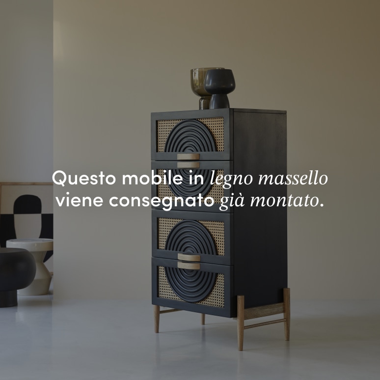 Sina - Cassettiera in legno di mango massello nero e rattan