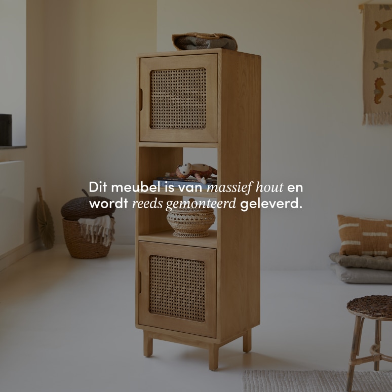 Luis - Hoge kinderboekenkast van iepenhout en vlechtwerk