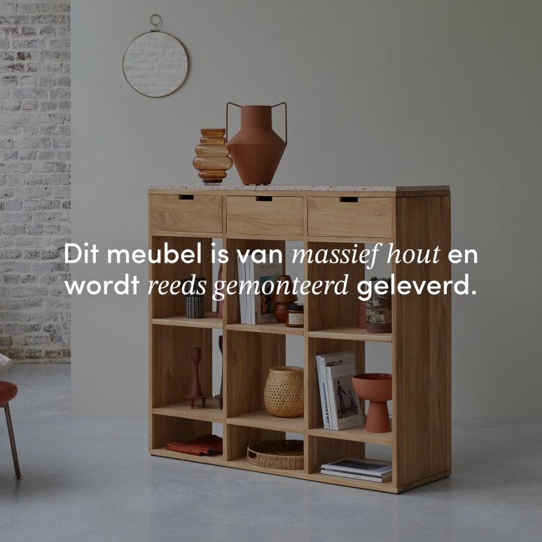 Miho - Lage boekenkast van teakhout en roze premium terrazzo