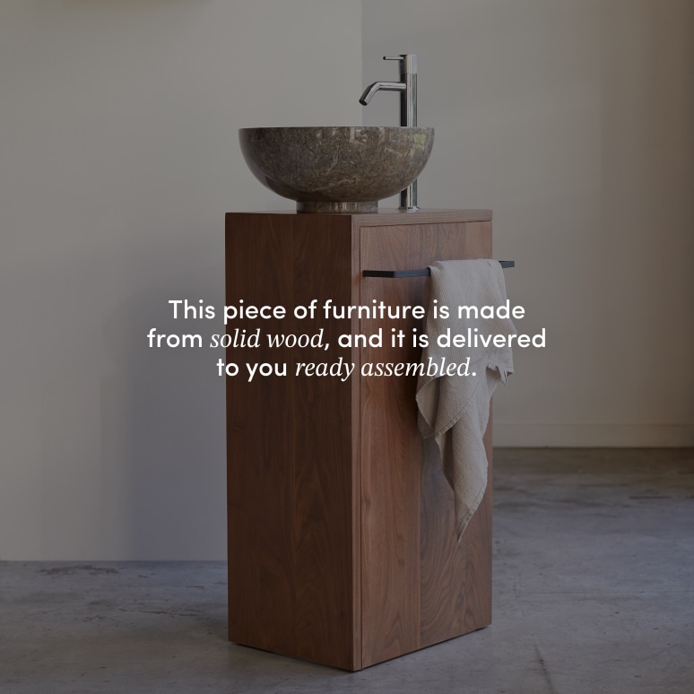 Stelle - Right-side solid walnut under-basin unit.