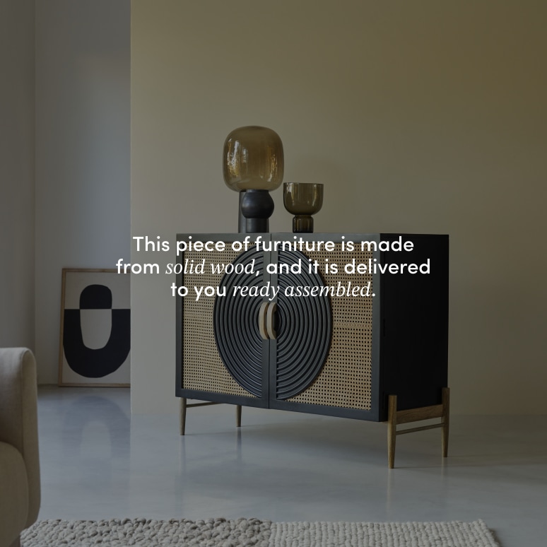 Sina - Sideboard in black solid mango wood and rattan – 115 cm