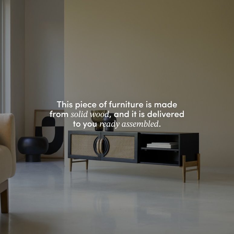 Sina - TV unit in black solid mango wood and rattan – 145 cm