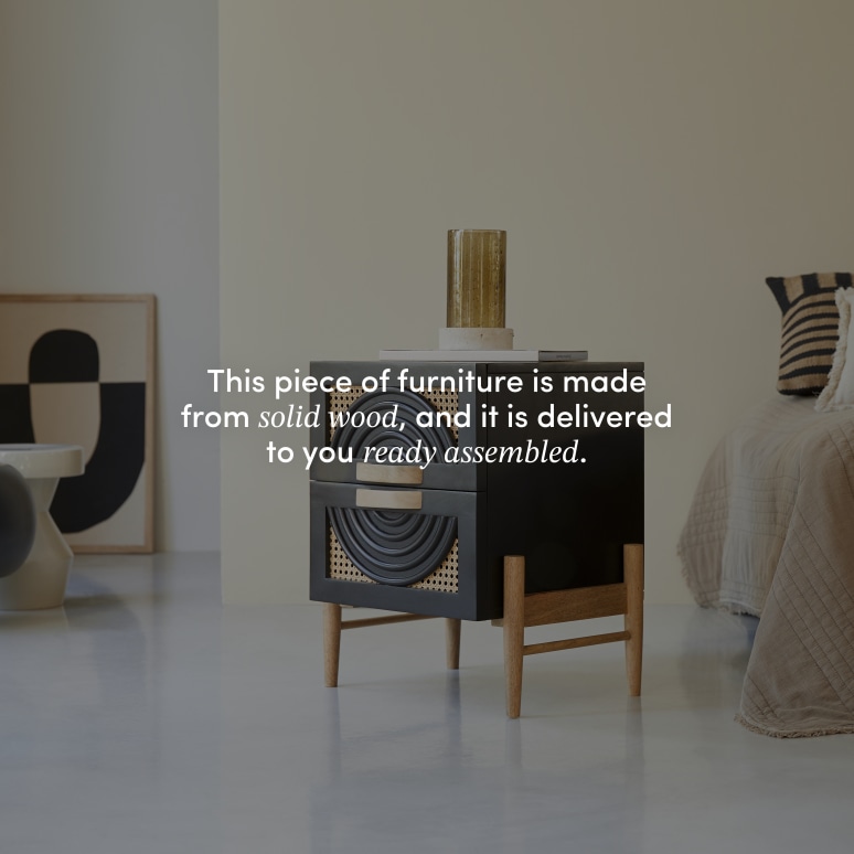 Sina - Black solid mango wood and rattan bedside table