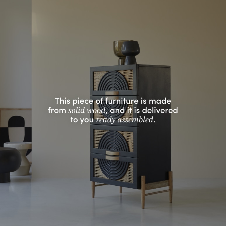Sina - Chest of drawers in black solid mango wood and rattan