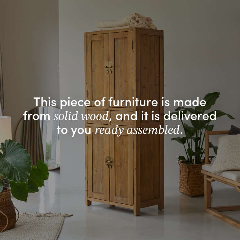 Yuki - Hallway wardrobe in recycled solid pine, Natural D. 35 cm