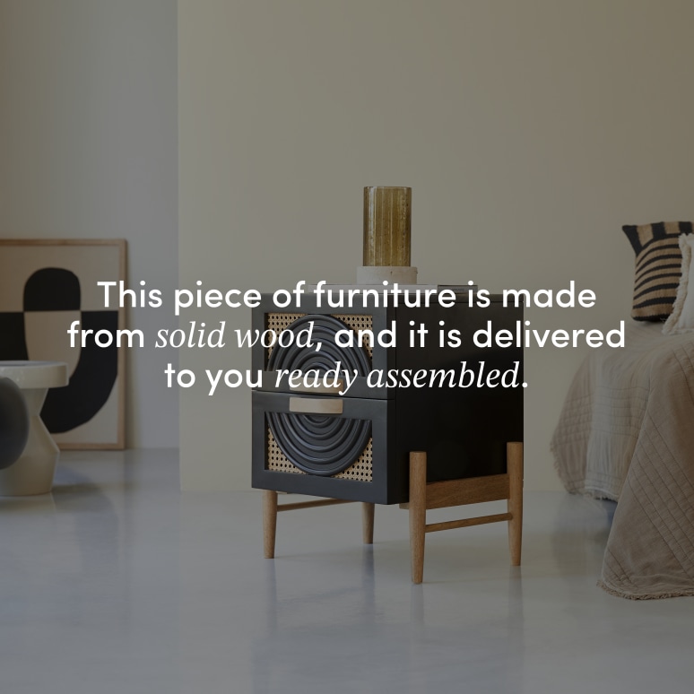 Sina - Black solid mango wood and rattan bedside table