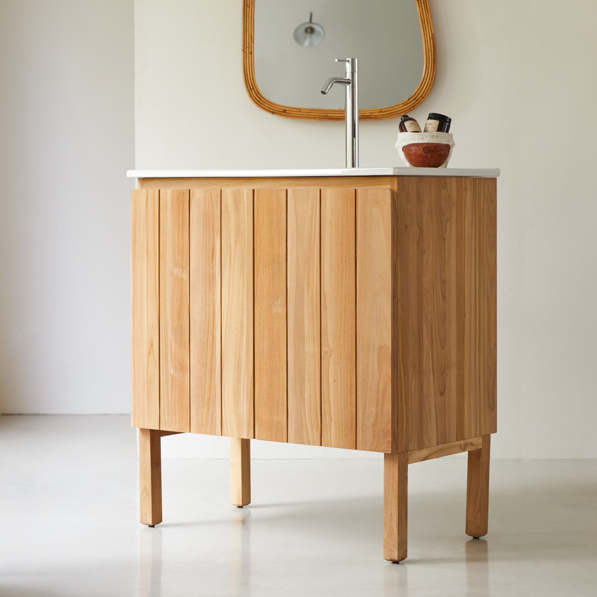 Jill - Badezimmermöbel aus massivem Teakholz und Keramik 80 cm