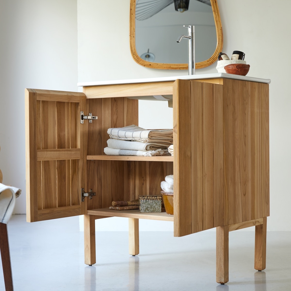 Jill - Badezimmermöbel aus massivem Teakholz und Keramik 80 cm