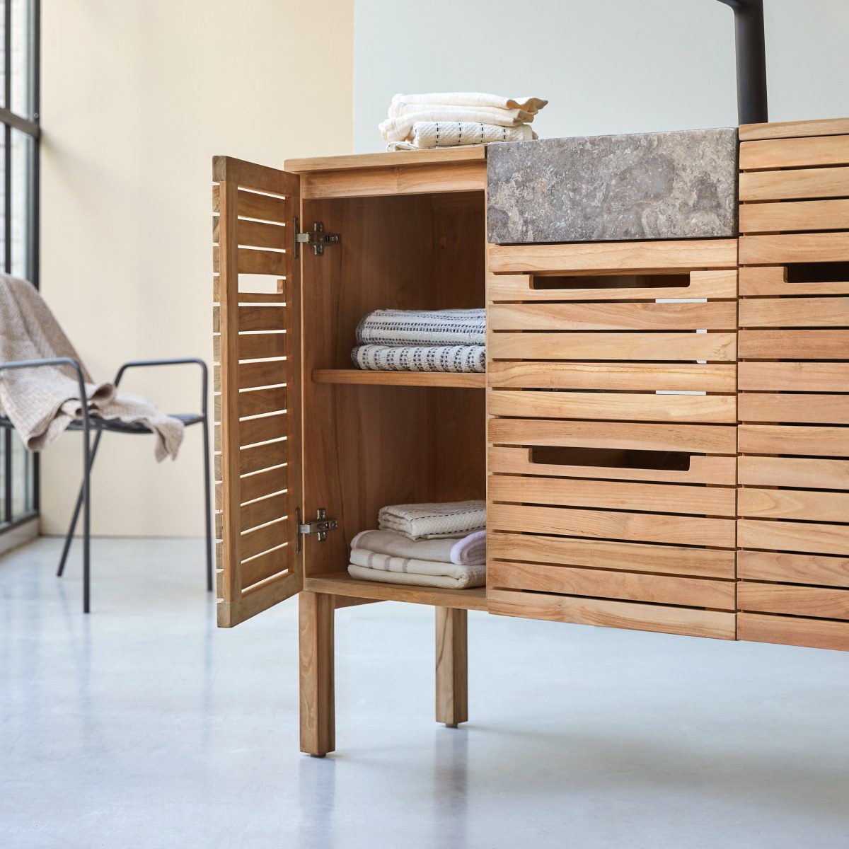 Slats - Solid teak and marble bathroom cabinet 125 cm