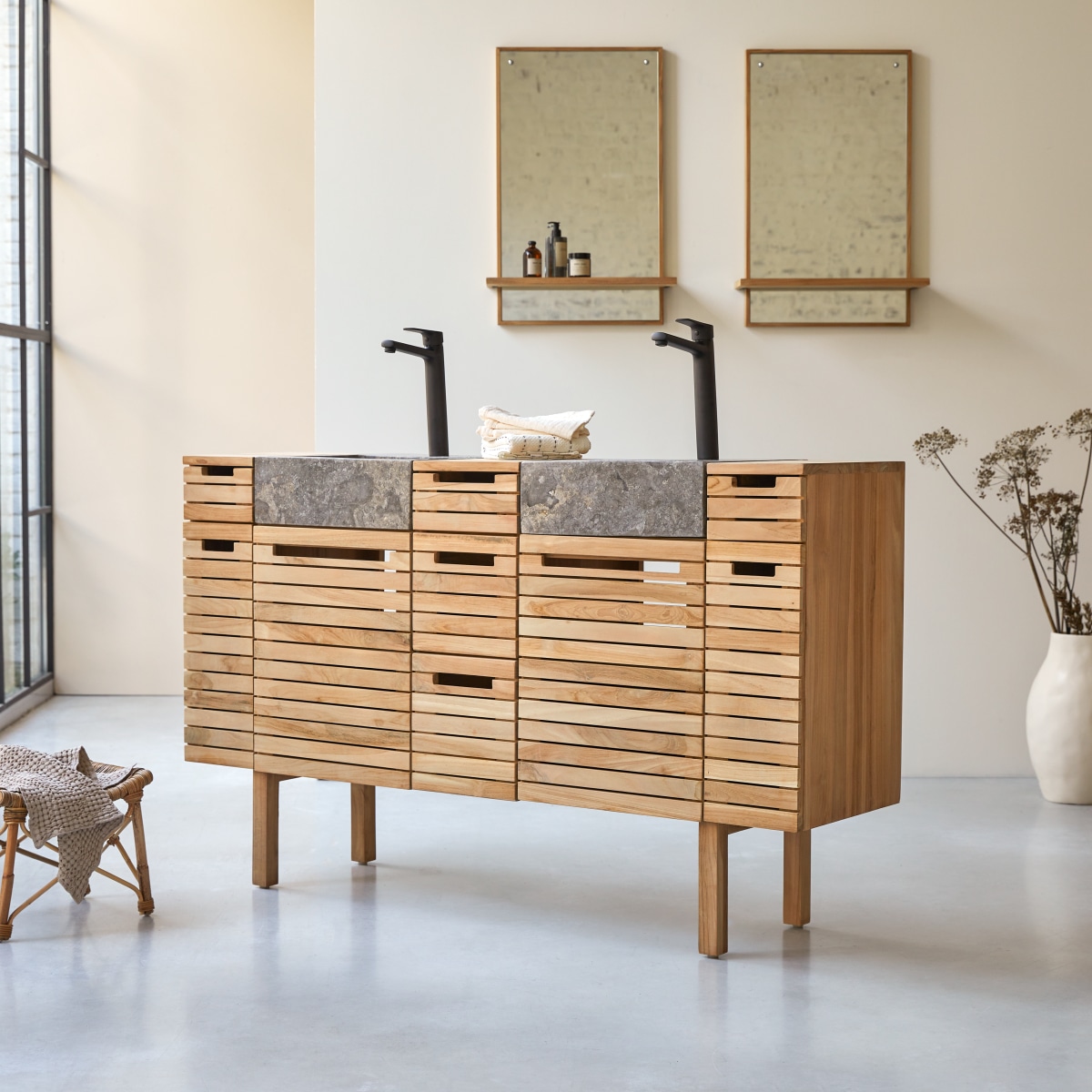 Slats - Meuble salle de bain en teck massif et marbre 150 cm