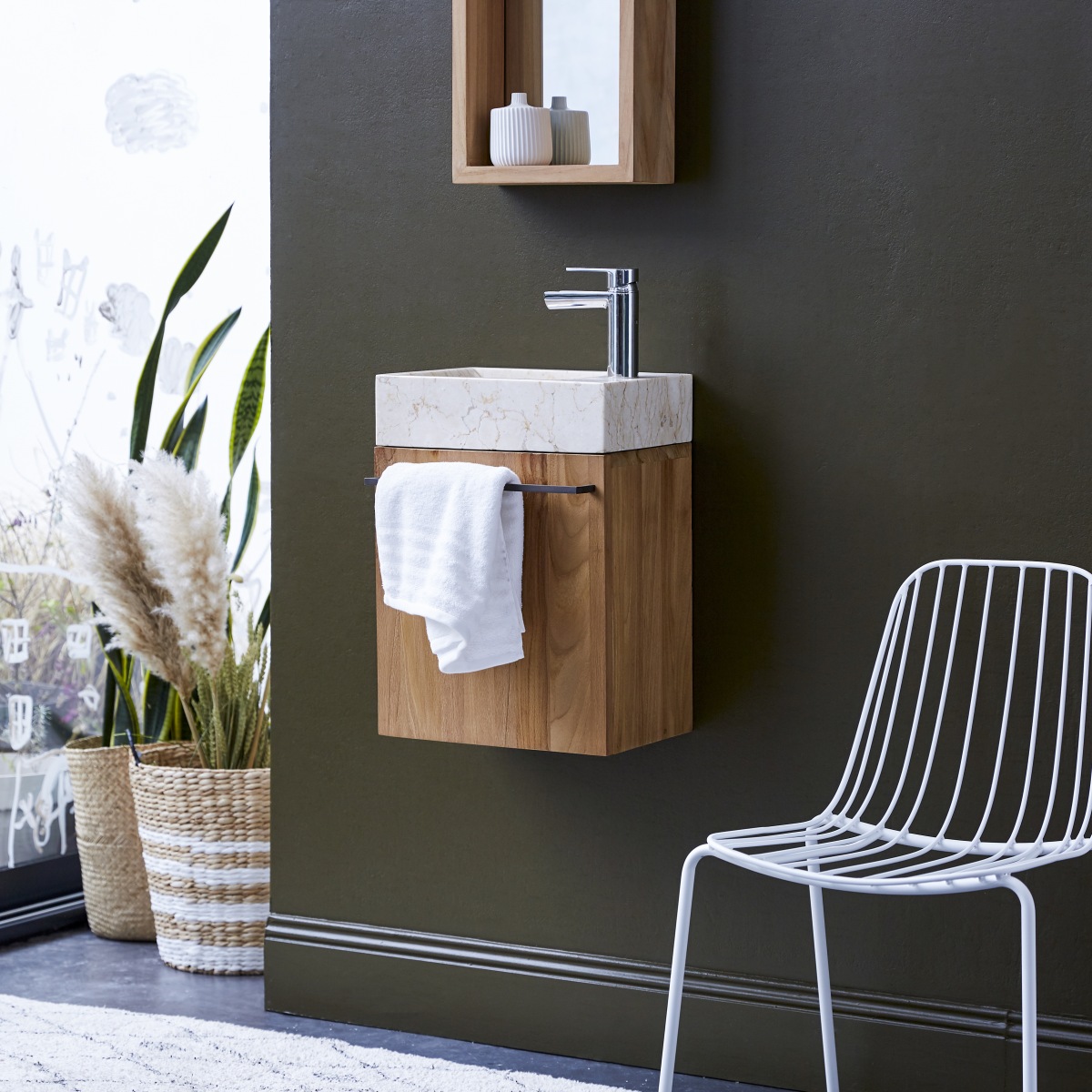 Stelle - Badunterschrank massivem Teakholz mit Marmor Waschbecken creme