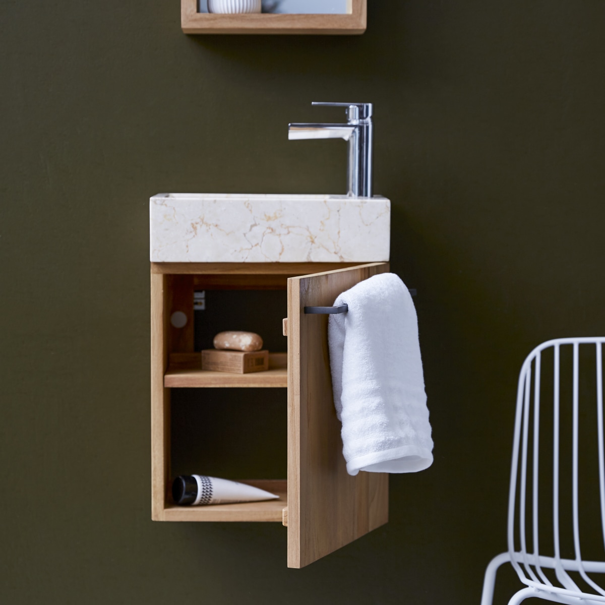 Stelle - Badunterschrank massivem Teakholz mit Marmor Waschbecken creme