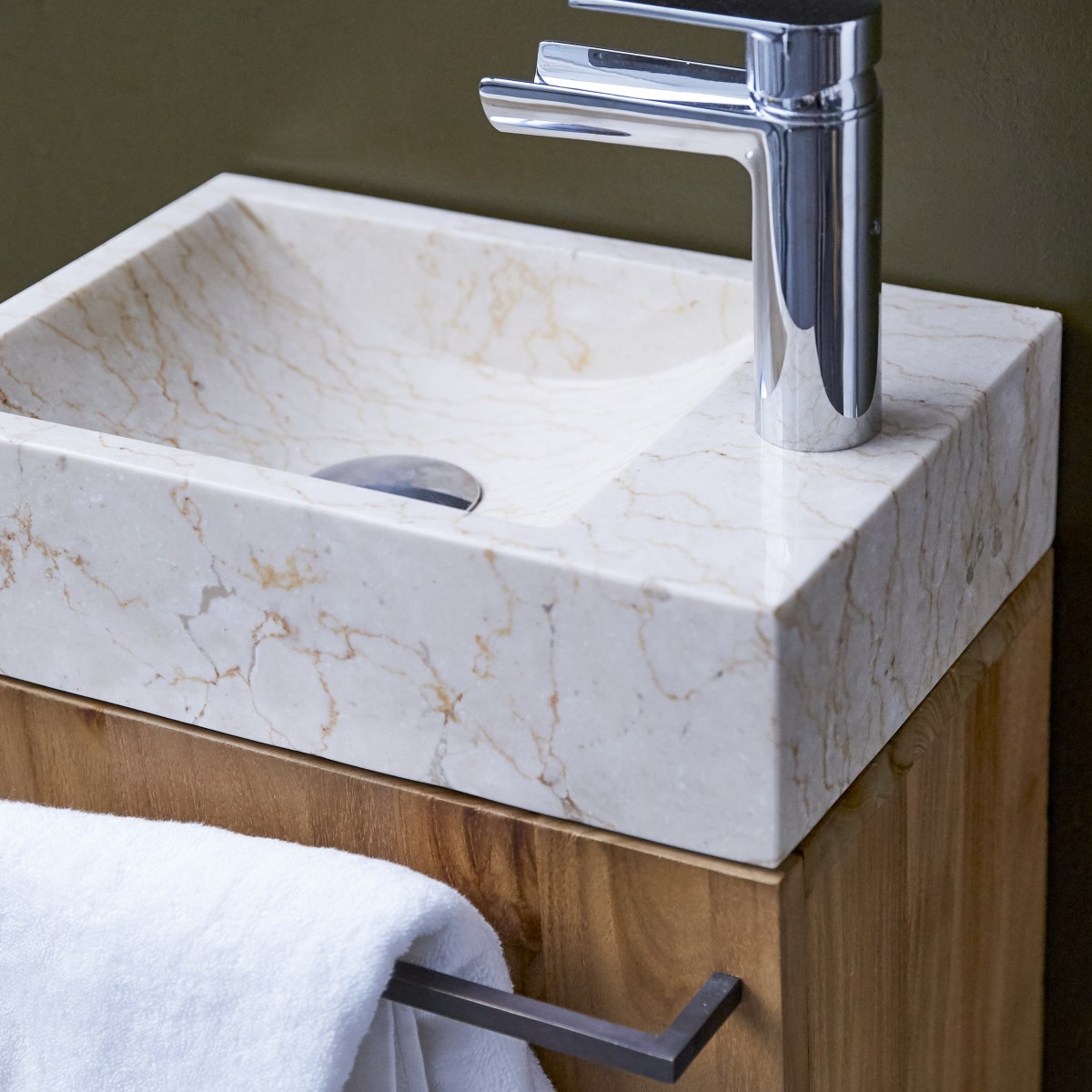 Stelle - Badunterschrank massivem Teakholz mit Marmor Waschbecken creme